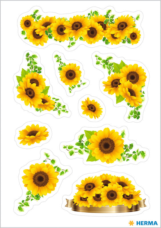 HERMA Schmucketiketten – Motiv Sonnenblumen – Papier, hochglänzend, 27 Stk, 3 Bogen