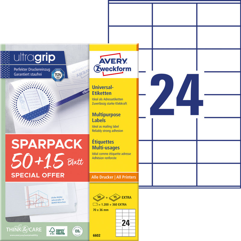 Avery Druckeretiketten, 70 mm × 36 mm, weiss, Papier, permanent, 65 Blatt (1560 Etiketten)
