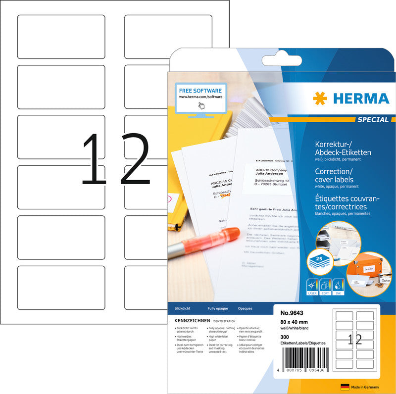 HERMA Druckeretiketten, 80 mm × 40 mm, weiss, Papier, permanent, 25 Blätter (300 Etiketten)