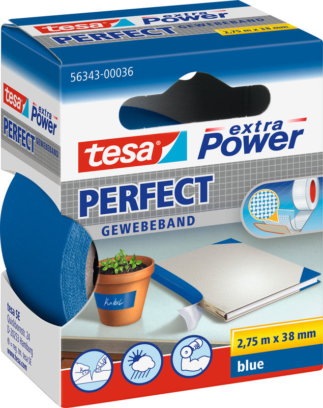 TESA Verpackungsband – permanent, strukturiert, Zellwollgewebe/Kunststoff, 38 mm × 2,75 m, blau, Kern Ø 26 mm