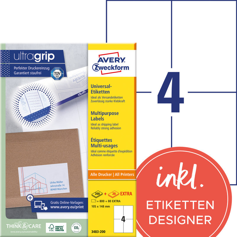 Avery Etiketten, 105 mm × 148 mm, weiss, Papier, permanent, 220 Blatt (880 Etiketten)