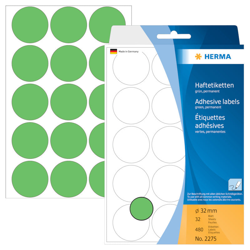 HERMA Schmucketiketten – Papier, 480 Stk, 32 Bogen, Ø 32 mm, permanent haftend