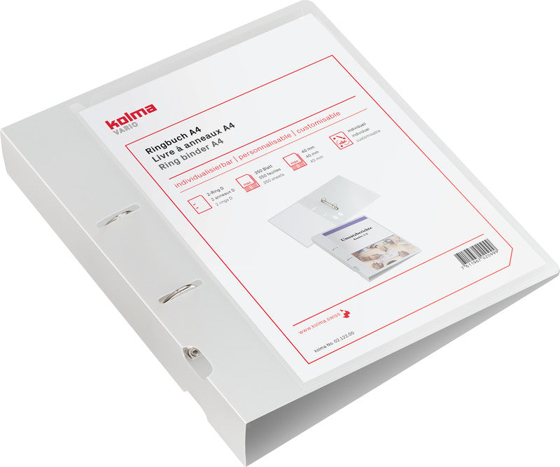 Kolma Ordner Vario – A4 hoch – 2-Ring Bügelmechanik, Ø 40 mm, Rücken 49 mm – transparent, mit Sichttasche