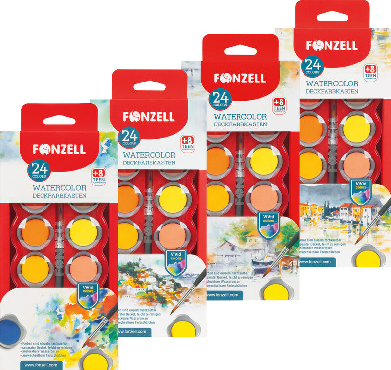 Fonzell Deckfarbkasten – 24 Farben, sortiert, mit Pinsel
