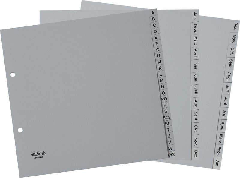 Kolma Register – 24-teilig, PVC, grau, vorgedruckt, teildeckend, 2-fach Lochung – für A4 hoch
