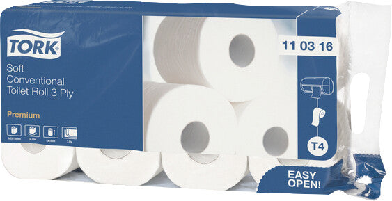 Tork Premium Soft Toilettenpapier – 3-lagig, weiss, 250 Blatt/Rolle, 94 × 118 mm, für Tork T4 System – 8 Rollen