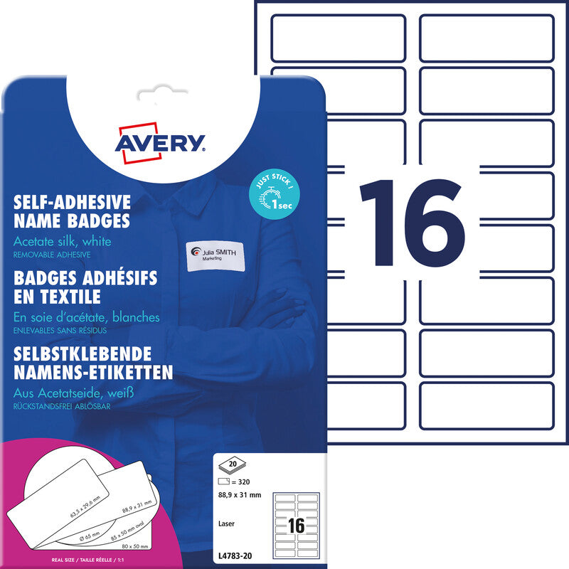 Avery Textiletiketten, 89 mm × 31 mm, weiss, Textil, selbstklebend, 320 Etiketten (20 Blatt)