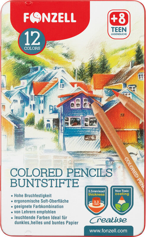 Fonzell Creative Farbstifte-Set – 12 Farben, rund, Mine Ø 3,3 mm, Metallschachtel