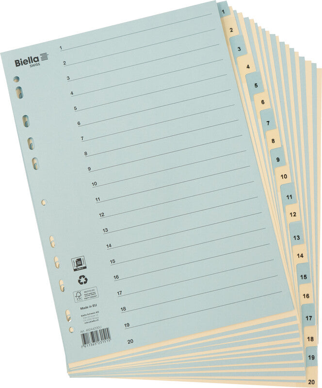 Biella Register – A4, 20-teilig, Karton, blau/gelb, vorgedruckt, verstärkte Tabs, 11-fach Lochung
