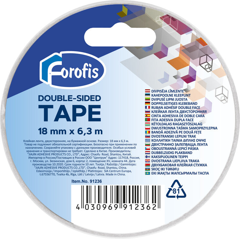 Forofis Doppelseitiges Klebeband – 18 mm × 6,3 m, weiss, permanent