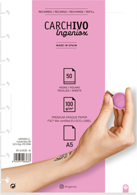 Carchivo Notizbuch-Einlagen A5, blanko, spezielle Perforierung, 100 g/m², für Spiralbuch Ingeniox – 50 Blatt
