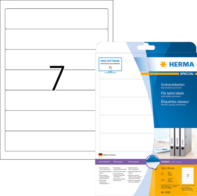 HERMA Ordneretiketten, 192 mm × 38 mm, weiss, Papier, permanent, Packung 25 Blatt (175 Etiketten)