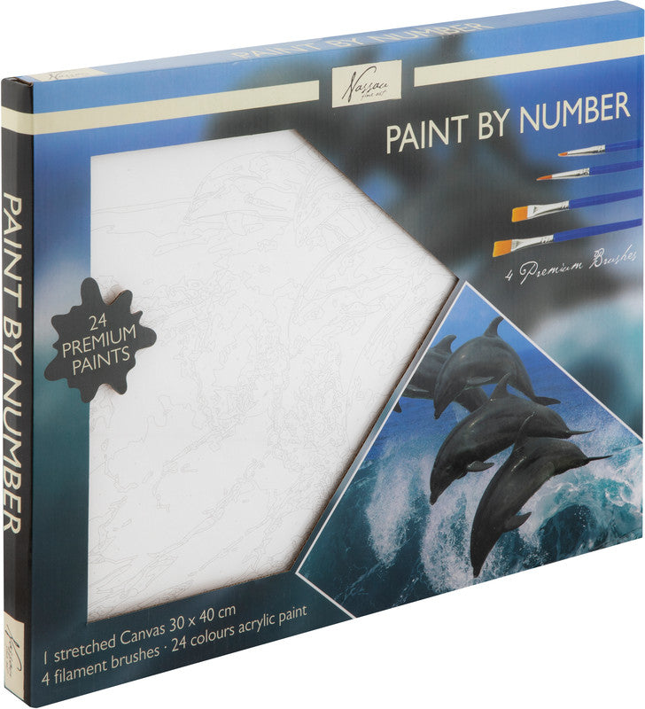 Noname Sombo – Malset Malen nach Zahlen Delfine – ab 14 Jahren – 24 Acrylfarben, 4 Pinsel – 400 × 300 mm