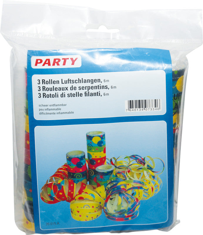 Party Luftschlangen, farbig sortiert, Motiv Ballone, 7 mm × 6000 mm, 3 Stück, schwer entflammbar