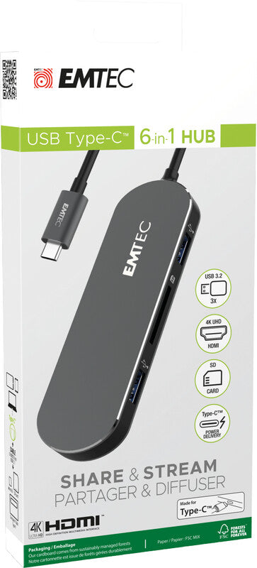Emtec USB-Hub – für Windows und Mac OS, USB-Anschluss, silber