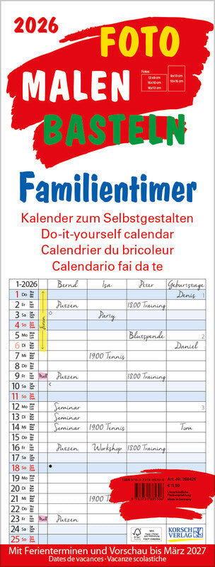 Korsch Familienplaner – für Familien – 4 Spalten – viersprachig D/F/I/GB – 2026 – Spiralbindung – 19 × 52 cm