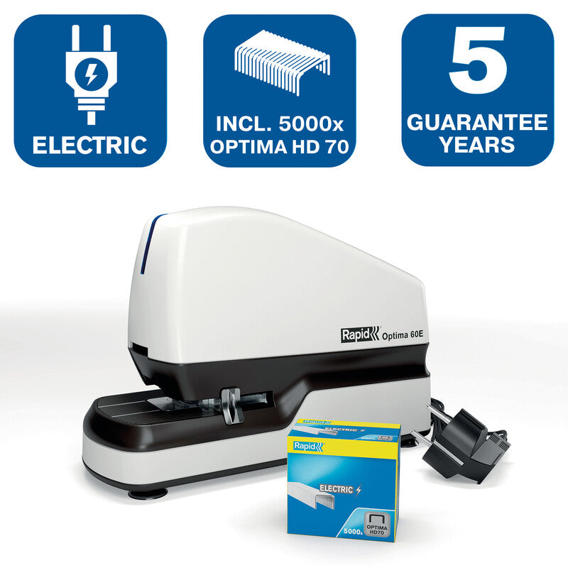 Rapid Optima 60E – Elektrischer Hefter, LED-Klammeranzeige, Einlegetiefe 5-30 mm, Weiss
