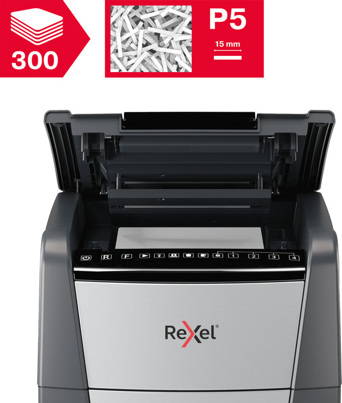 Rexel Optimum AutoFeed+ 300M – Aktenvernichter mit Autofeed 300 Blatt, DIN P-5, Mikroschnitt 2 × 15 mm, 60 l