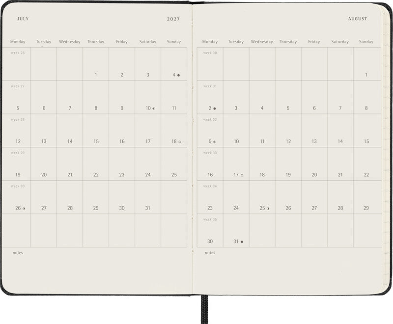 Moleskine Agenda – 1 Woche/2 Seiten, gebunden, 9 × 14 cm, 2027, schwarz, FSC