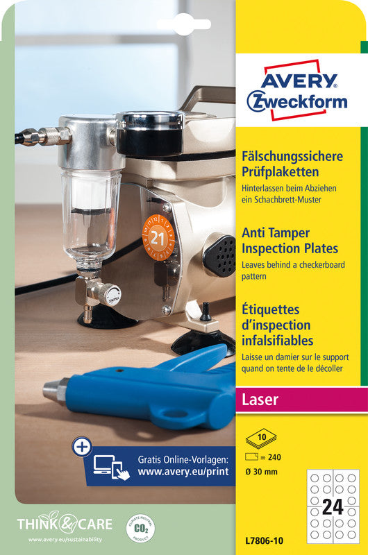 Avery Zweckform – Prüfplaketten, Ø 30 mm, weiss, Kunststoff, permanent, 240 Etiketten (10 Blatt)
