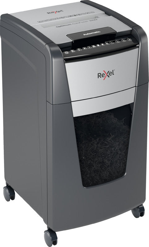 Rexel Optimum AutoFeed+ 300M – Aktenvernichter mit Autofeed 300 Blatt, DIN P-5, Mikroschnitt 2 × 15 mm, 60 l