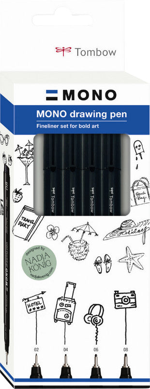 Tombow Mono Drawing Pen Fineliner – 4er-Set – Schwarz – Wasserfest