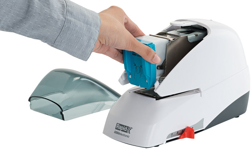 Rapid 5050e – Elektrischer Hefter, Flat-Clinch, verstellbarer Papieranschlag, Einlegetiefe 50 mm, Weiss