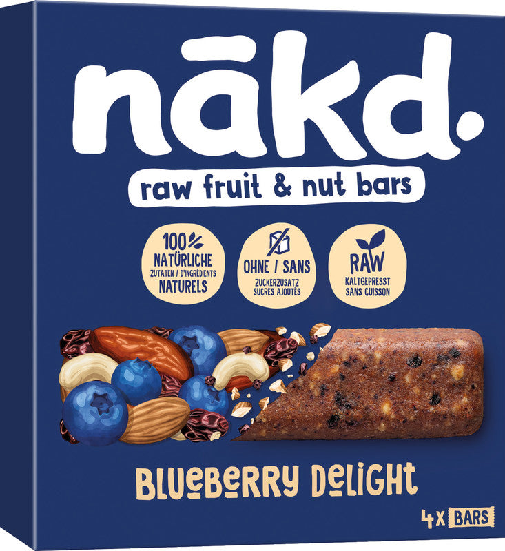 Nakd Raw Bars Energieriegel – Blaubeere, vegan, ohne Zuckerzusatz, Schachtel, 4 × 35 g (140 g)