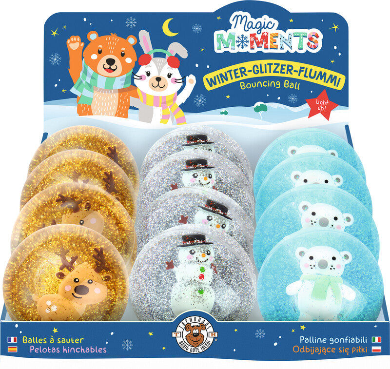 Trendhaus Magic Moments Springball Rentier, Schneemann, Eisbär – 1 Stück, Ø 65 mm, LED rot-blau blinkend