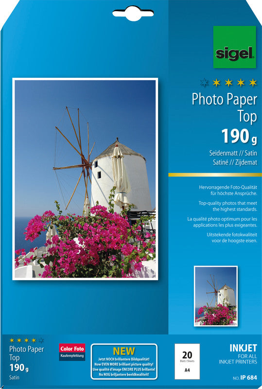 Sigel Fotopapier – seidenmatt, A4, 190 g/m², 20 Blatt – für Inkjet-Drucker