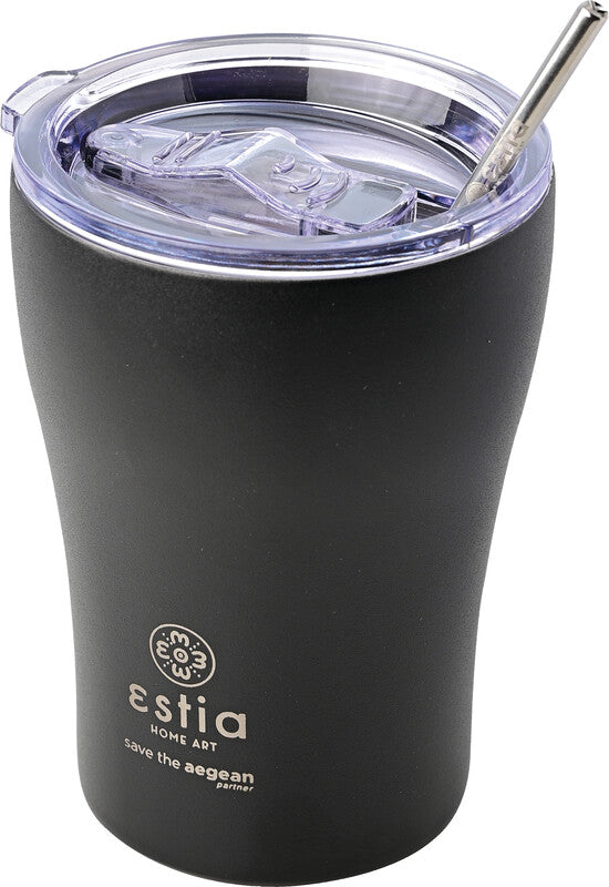 Estia Trinkbecher – 350 ml, Ø 9,0 cm, H 13,0 cm, Edelstahl, Schwarz, Druckverschluss, doppelwandig, BPA-frei
