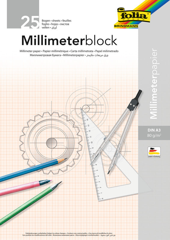 Folia Millimeterpapier-Block A3 – Rotes Netz, einseitig, 80 g/m², 25 Blatt