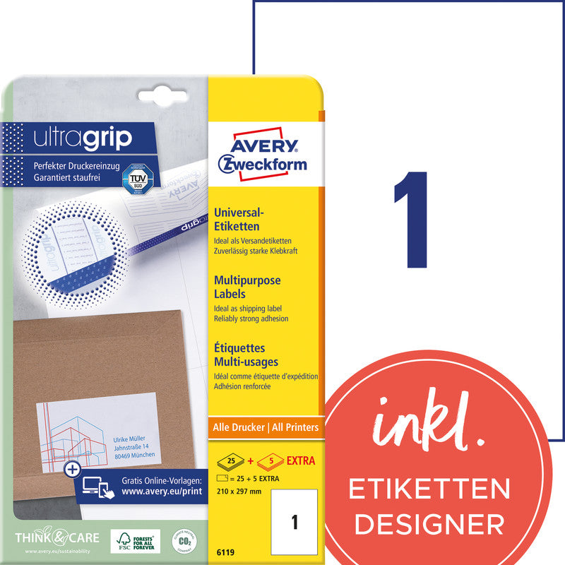 Avery Etiketten, 210 mm × 297 mm, weiss, Papier, permanent, 30 Blatt