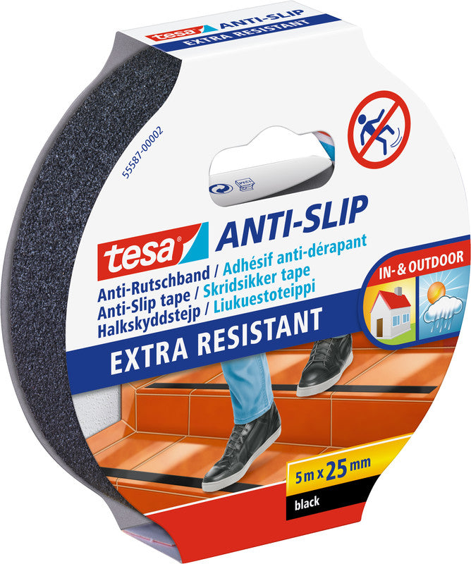 TESA Bodenmarkierungsband – 25 mm × 5 m, schwarz, Kunststoff, Anti-Rutschbeschichtung, permanent