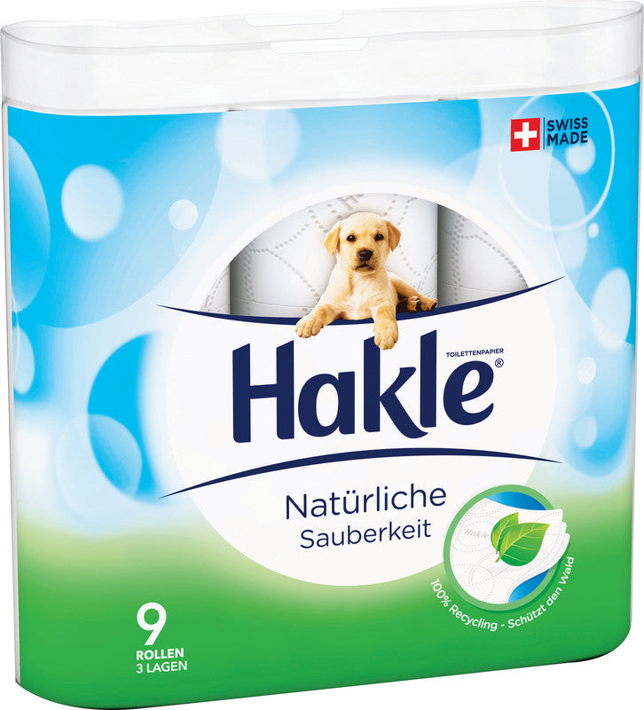 Hakle Toilettenpapier – Recycling, 3-lagig, weiss, chlorfrei, 150 Blatt/Rolle – 9 Rollen