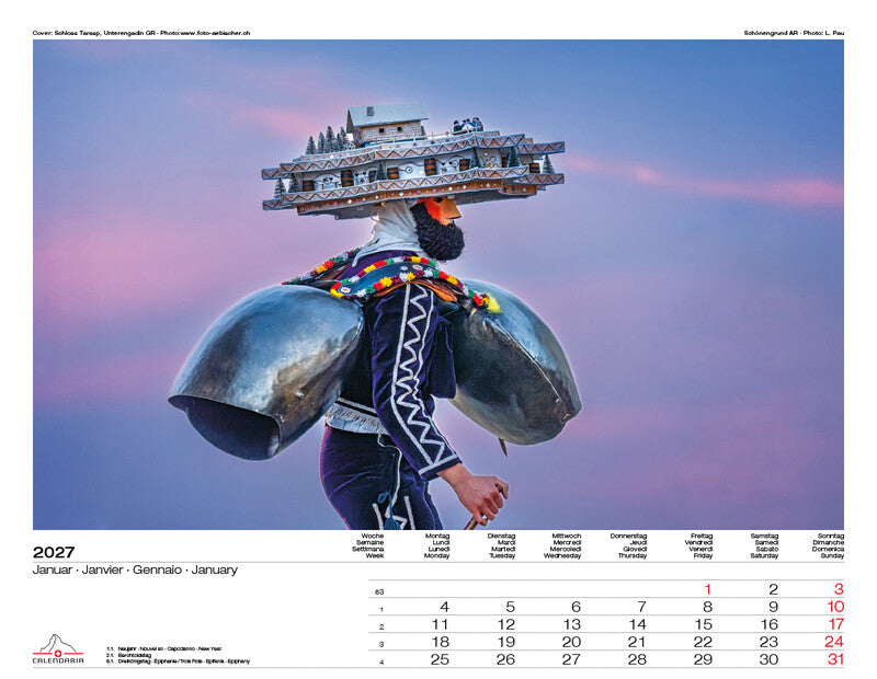 Calendaria Bildkalender Schweiz 2027 – 40 × 31 cm – Kalendarium d/f/i/e