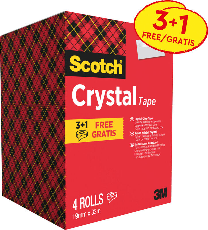 Scotch Klebeband Crystal – permanent, Kunststoff, 19 mm × 33 m, Kern Ø 25 mm, 4 Rollen