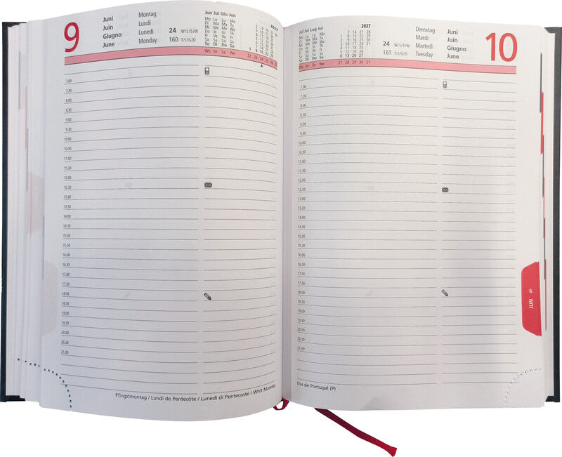 Biella Registra Agenda – 1 Tag/Seite, Gebunden, 14,5 × 20,5 cm, 2027, 1/2-Stunden-Takt, Schwarz, FSC