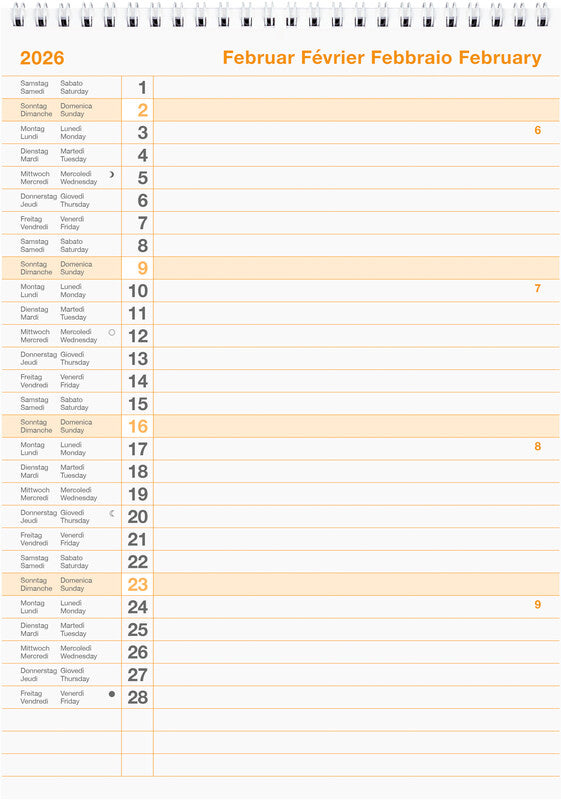 Biella Wandkalender – viersprachig D/F/I/GB – 2026 – Spiralbindung – 21 × 29,7 cm