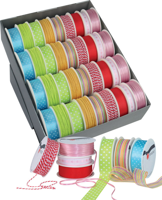 Präsent Geschenkband Everyday – Seidenband – 2, 3, 15 und 25 mm × 10 m – 36 Rollen, farbig sortiert