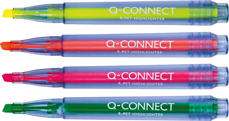 Q-CONNECT Eco PET Textmarker Set 4 Farben – Keilspitze, 1–5,2 mm, GRS