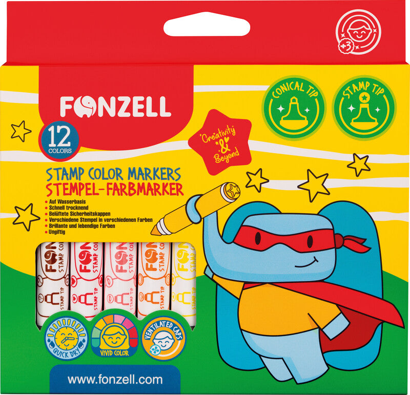 Fonzell Stempel-Filzstifte, Strichbreite 7,7–8,8 mm, 12 Farben, 12 Motive