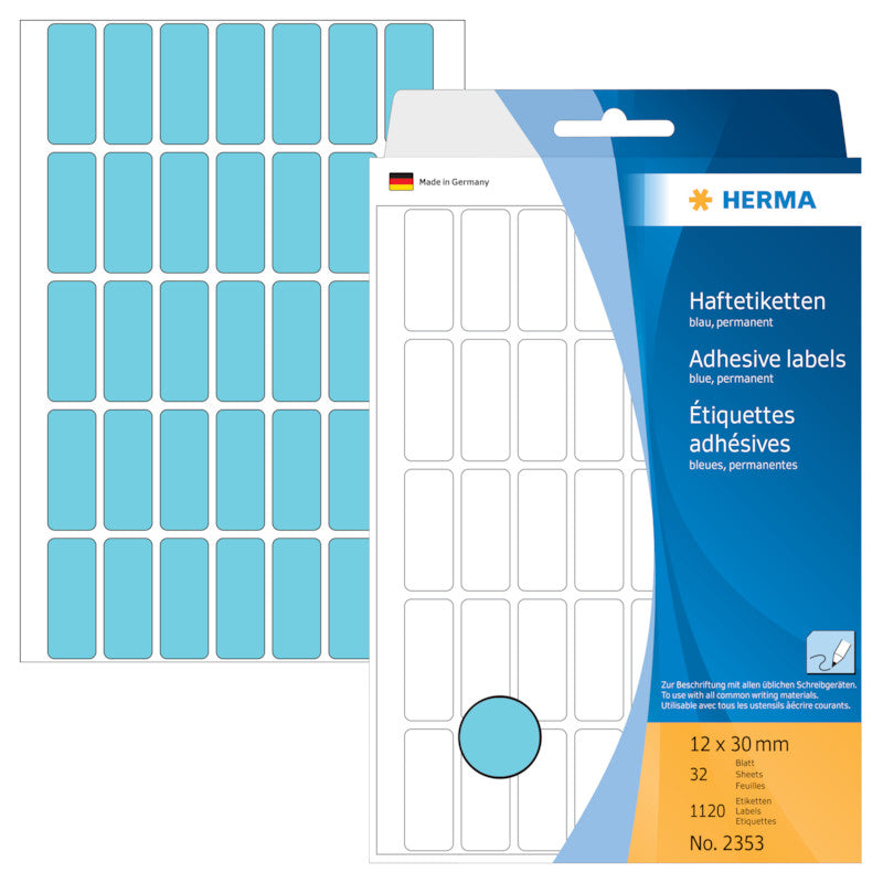 HERMA Haftetiketten – rechteckig 12 × 30 mm, permanent, blau, 32 Blatt (1'120 Stk.)