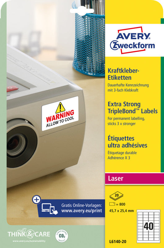 Avery Drucketiketten, 46 mm × 25 mm, weiss, Folie, extra stark, 800 Etiketten (20 Blatt)