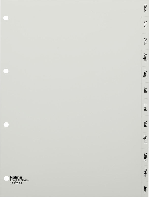 Kolma Register – A4, 12-teilig, PVC, grau, vorgedruckt, 4-fach Lochung