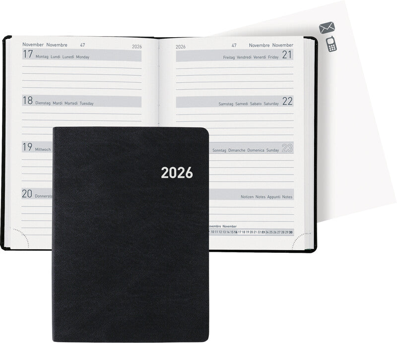Biella Taschenagenda – 1 Woche/2 Seiten, gebunden, 10,1 × 14,2 cm, 2026, mehrsprachig, schwarz, FSC