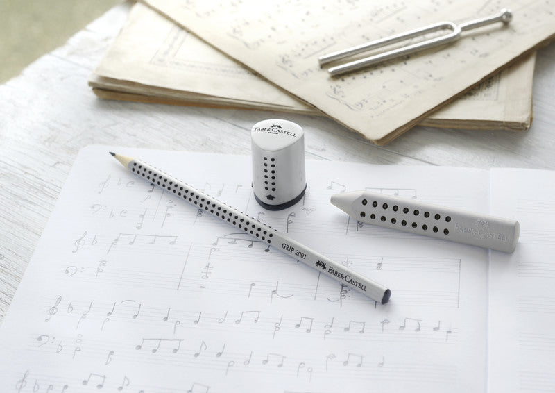 Faber-Castell Spitzer – manuell, 2-Loch, mit Behälter, für Blei- & Buntstifte Ø 8 & 10 mm, Kunststoff, silber