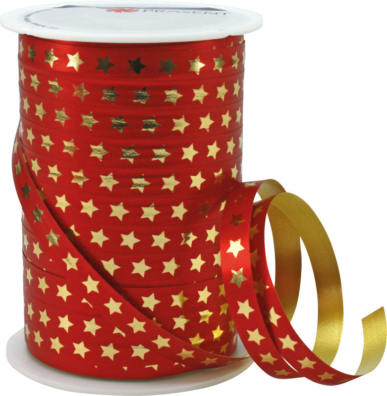 Präsent Geschenkband Christmas Star – Rainbow – Kunststoff – 10 mm × 100 m – Rot/Gold