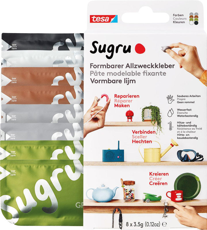 Tesa Sugru Vielzweckkleber – formbar, wasserfest, für Metall, Holz, Glas, 8×3,5 g, −40 bis +180 °C