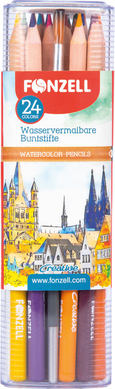 Fonzell Creative Aquarellfarbstifte-Set – 24 Farben, rund, Mine Ø 3,3 mm, Dreiecksetui, mit Pinsel